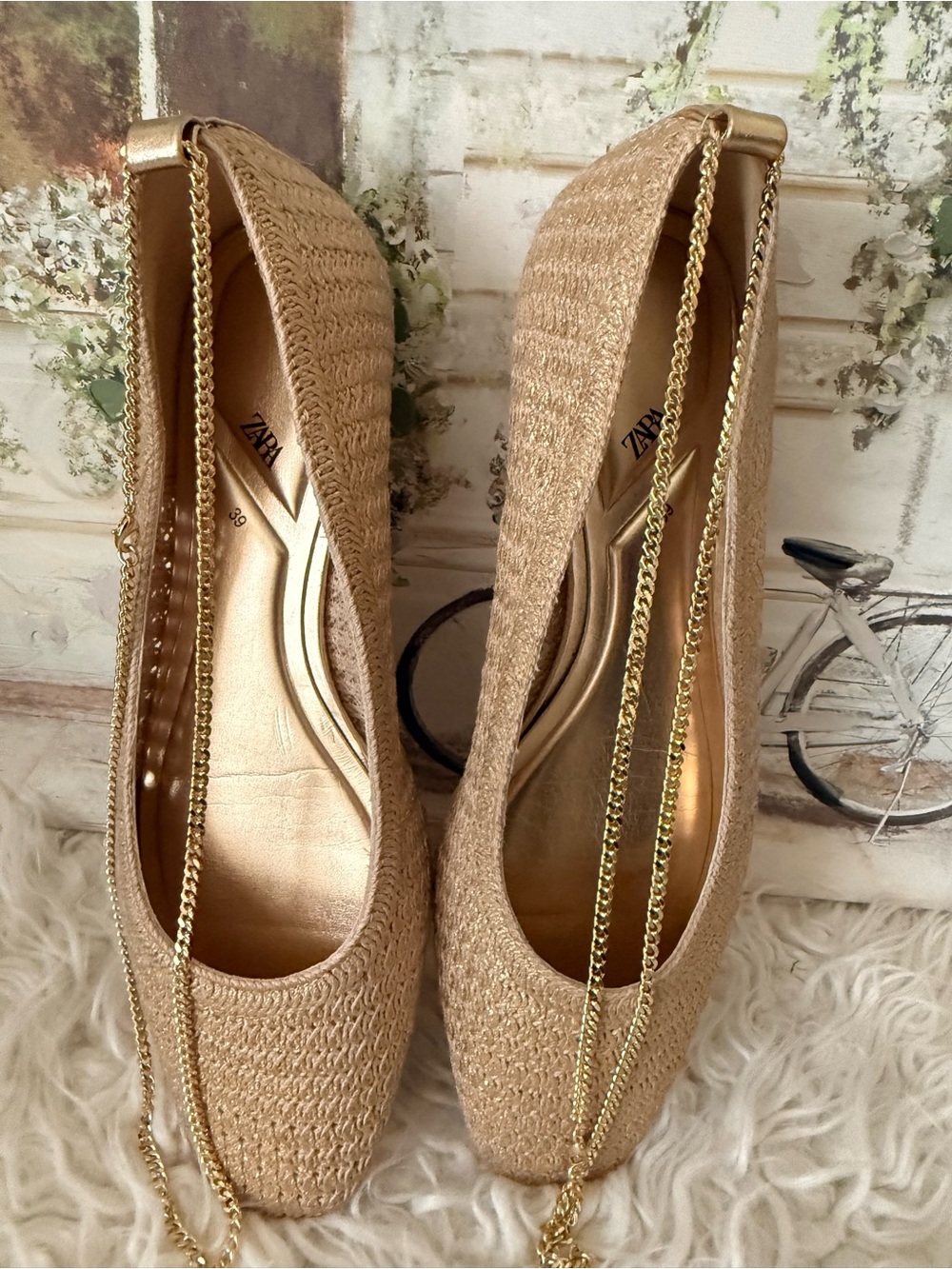 Zara Metallic Gold Woven Chain-Trim Heels